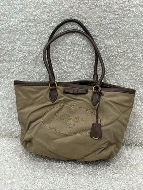 Prada LOGO JACQUARD 2-Way Tote Bag/Handbag, Canvas and Leather, Women's, Beige